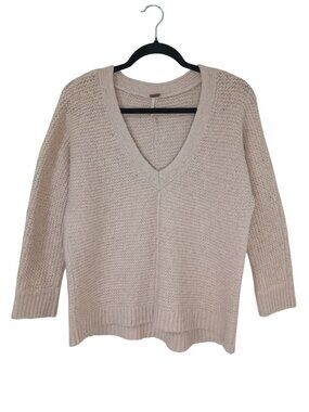 Free People Oversized Knit V-Neck Sweater Beige Size XS Wool Alpaca Blend Womens